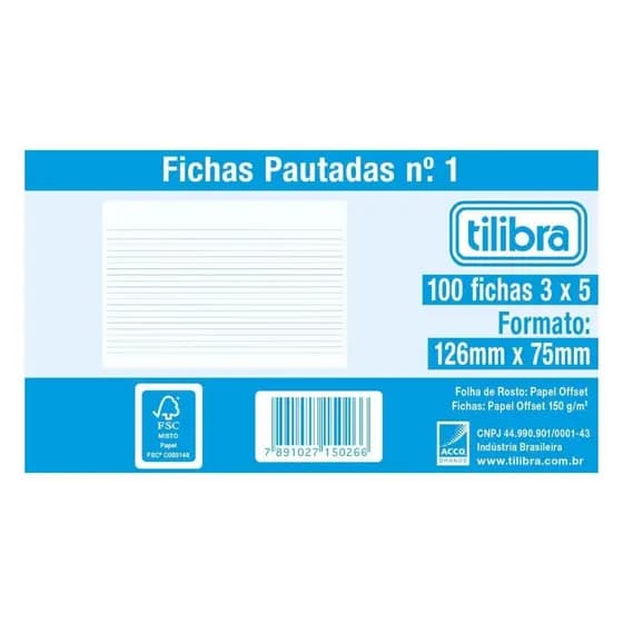 Ficha Pautada Nº 1 - 3x5 com 100 Folhas – 126 x 75 mm Tilibra