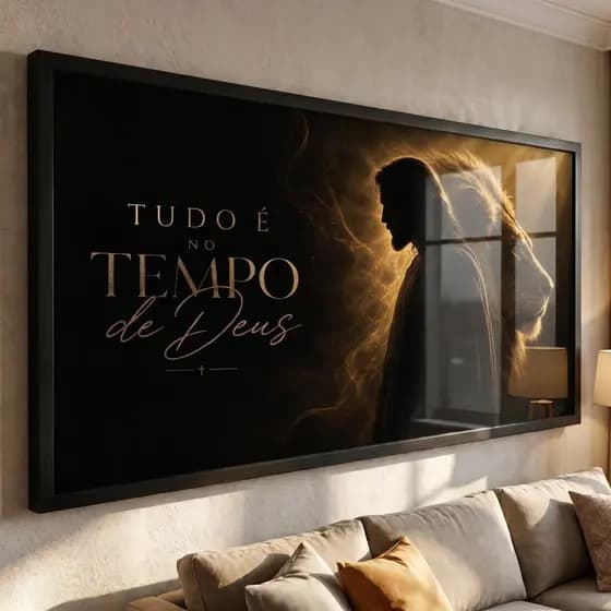 Quadro Decorativo Leão de Juda e Jesus Tudo no Tempo de Deus Moldura Preta, Religioso, Cabiceira, Sala, Hall, Escritório