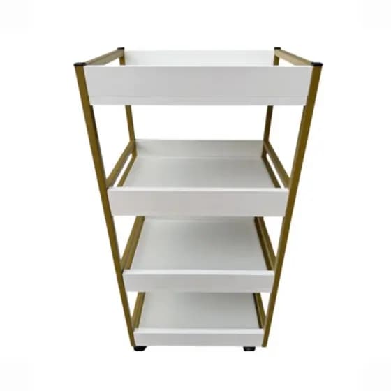 Carrinho Auxiliar 4 Bandejas Metalon 15mm MDF Branco Rodízio Organizador Manicure Salão Estética