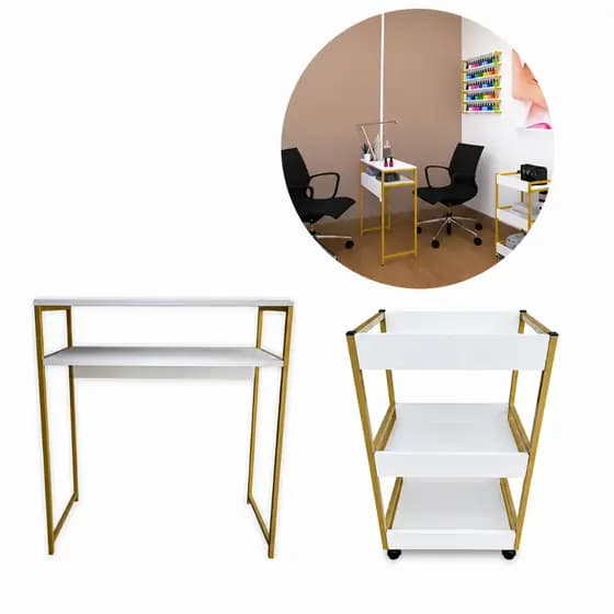 kit Mesa Manicure Industrial + Carrinho Auxiliar Industrial 3 Bandeijas nas cores Dourado ,Rose e Preto com mdf Branco
