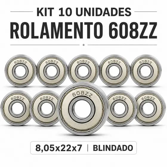 Jogo 10 Rolamentos 608ZZ Blindado Para Skate Patins Longboard 8,05x22x7 Alta Durabilidade Aço Carbono