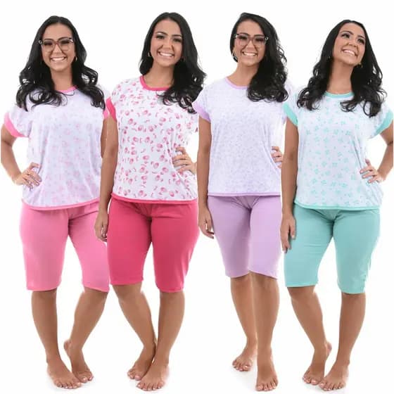 Kit 3 Pijamas Pescador Feminino Short Comprido Manga Japonesa Senhora Malha Leve Confortavel