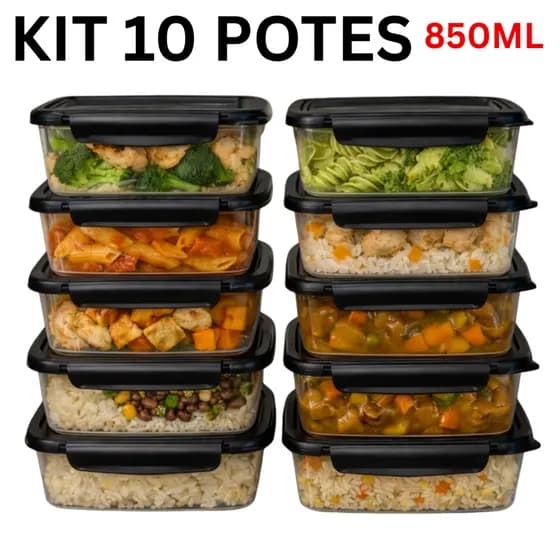 Kit 10 Marmita Conjunto Potes 850ml com Travas Laterais BPA FREE - Organizadores de Congelador