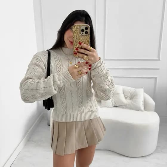Blusa Sueter Tricot Feminino Inverno Trança Premium Texturizado Gola Alta Tendência Elegante