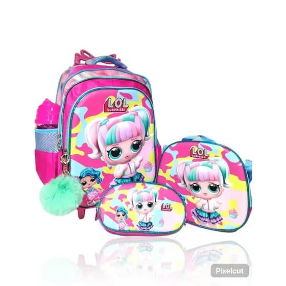 KIT MOCHILA RODINHA LOL MENINA 3D LANCHEIRA TÉRMICA + ESTOJO GRANDE REFORÇADA