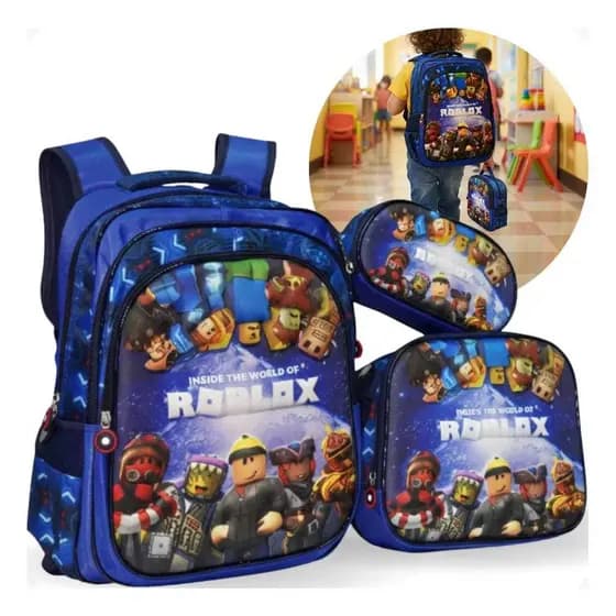 Mochila Infantil Menino Roblox KIT 3 Peças com Lancheira e Estojo Estampa 3D