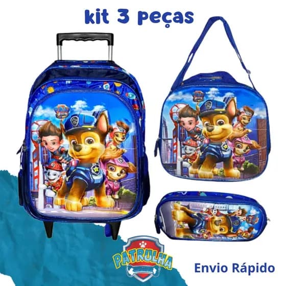Kit Mochila Infantil com Rodinhas + Lancheira + Estojo Patrulha Canina 3 Peças Escolar Menino