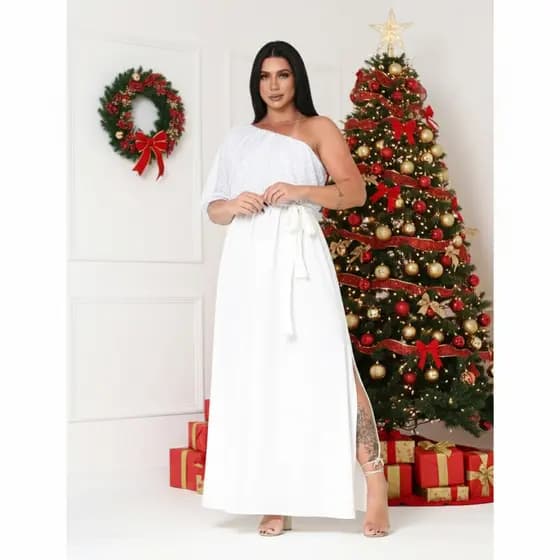 Vestido Longo Feminino em Paetê Forrado Assimétrico Um Ombro Só Moda Festa Réveillon Ano Novo