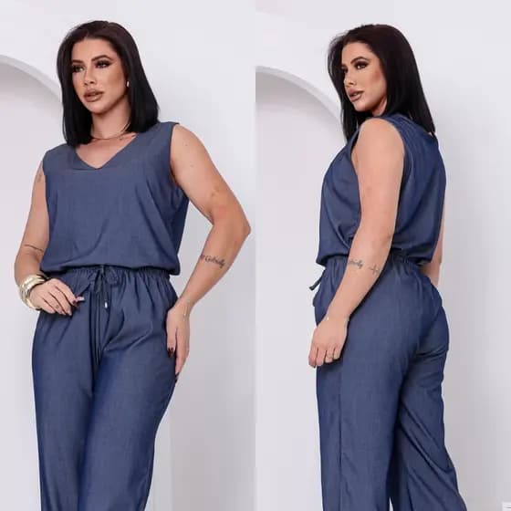 Blusa Regata Feminina Alça Larga e Decote em V em Chambray Moda Elegante