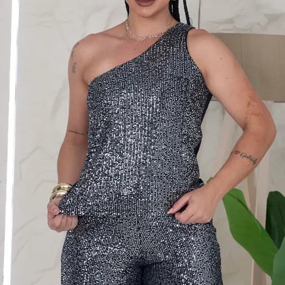 Blusa Feminina Paetê Assimétrica Um Ombro Só Com Brilho Elegante Crepe Premium