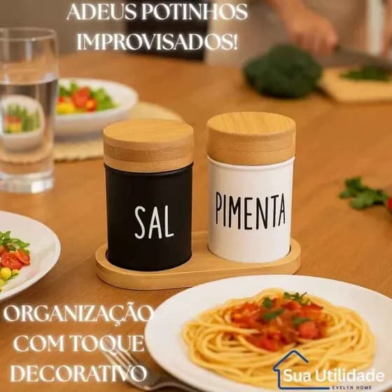 Kit 3 Peças Saleiro e Pimenteiro Suporte Bambu Preto Branco Vidro Mesa Posta Cozinha Sal Pimenta Condimentos Galheteiro
