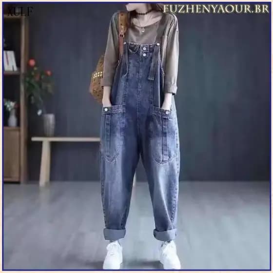 Macacão Jeans Feminino Tamanho Grande/Largo/Casual/Retro/Tamanho Grande 2025 XGZG