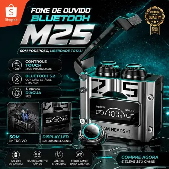 Fones De Ouvido Sem Fio Tws Bluetooth 5.3 M25 Earbuds LED Gamer