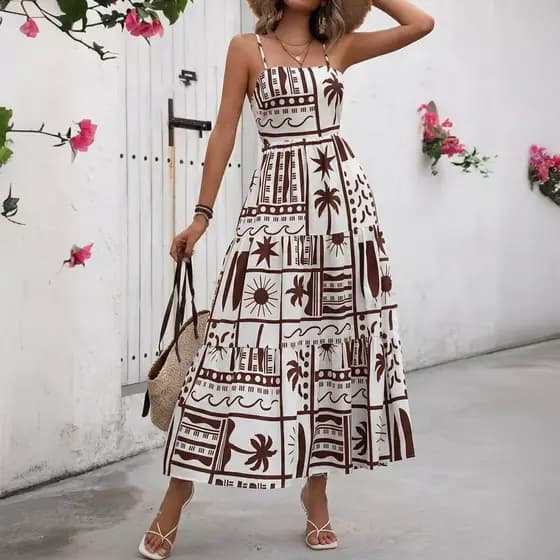 Vestido Midi Feminino Estampado Alças Finas Casual Elegante Moda Verão Premium