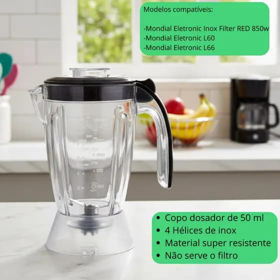 Copo Liquidificador Compatível Mondial Eletronic Inox Tampa Preta Snagel