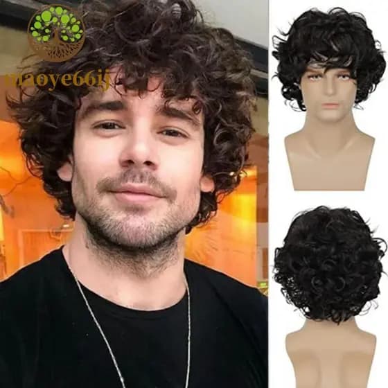 MAOYE66 Perucas Masculinas Sintéticas , 6 Polegada Cabelo Falso Curto Encaracolado Onda Peruca , Franja Marrom Invisível