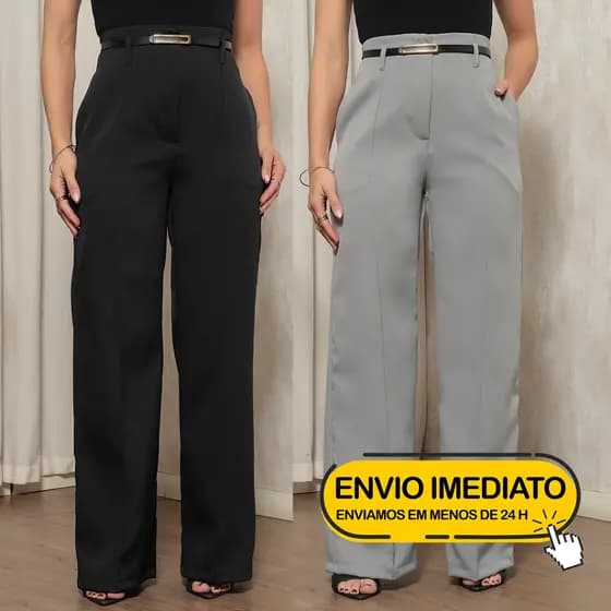 Kit 2 Calça Social Feminina Modelo Pantalona Alfaiataria Com Cinto Moda Blogueira Elegante