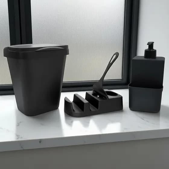 Kit Pia Cozinha Organizada – Porta Detergente + Dispenser + Lixeira 4,8L + Rodinho de Pia