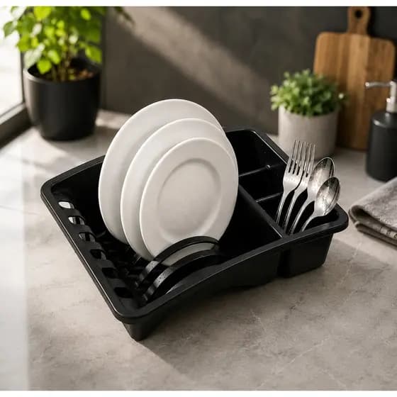 Escorredor de Pratos Compacto Preto com Porta Talheres Organizador de Pia Plástico Resistente 31,5cm