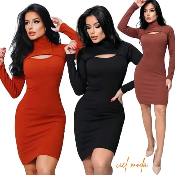 Vestido feminino midi anarruga manga longa gola alta vestidos canelado colado