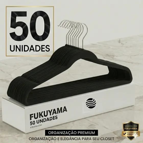 KIT 50 CABIDE DE VELUDO PRETO PREMIUM ANTIDESLIZANTE FUKUYAMA ULYTA FINO Com Gancho Giratório 360°