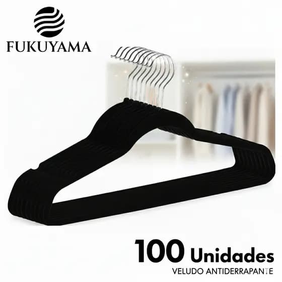 KIT 100 CABIDES VELUDO PRETO FUKUYAMA ULTRA FINO Com Gancho Giratório 360° Antideslizante