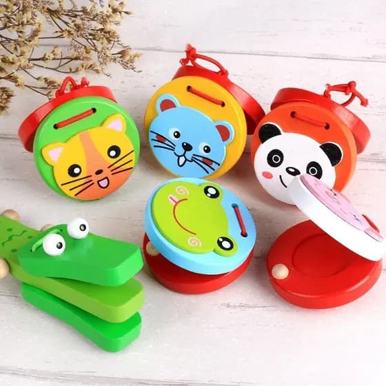 Castanholas de Madeira Fofas para Educação Infantil de 3 a 7 Anos, Instrumento Musical Orff com Tema de Desenho Animado