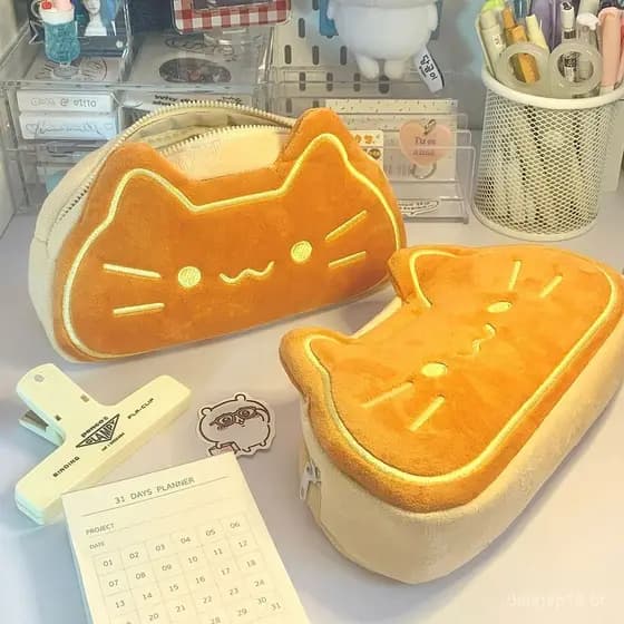 Estojo escolar de grande capacidade com estampa de gato fofo e fita adesiva.