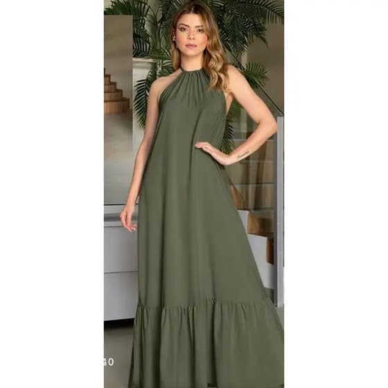 Vestido Longo, Barra, Franzido, Elegante, Tecido Duna Solto, Costas Abertas – Festa, casual, dia a dia, confortável.