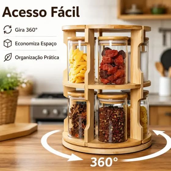 Porta Temperos Condimento Giratório 10 Potes Vidro Tampa Bambu Hermético 250ML Suporte Organizador