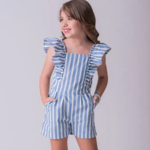 Roupa Infantil Menina Macacão Juvenil Listrado Azul Branco Algodão Respirável Confortável Crianças
