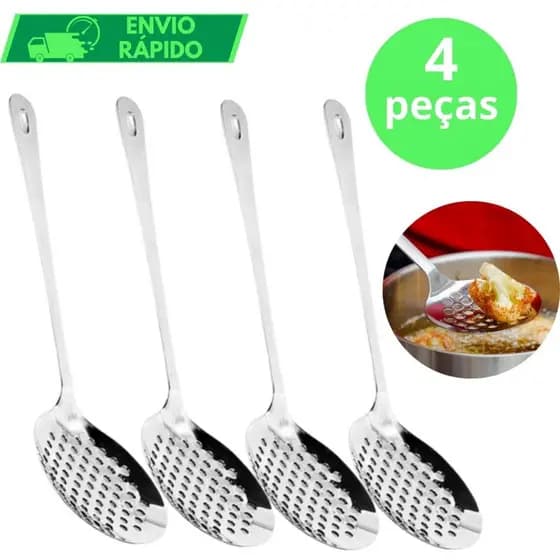 KIT 4 Escumadeira GRANDE Para Fritura Arroz Massas Pastel 100% Aço Inox Original Para Casa Cozinha Restaurante Buffet