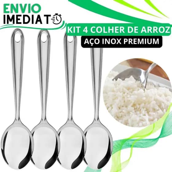 KIT 4 Colher de Arroz GRANDE Aço Inox Cabo Longo de Servir Arroz Sopa Pure Macarrão para Casa Restaurante Buffet