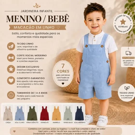 Jardineira Infantil Menino Bebê - Macacão em Linho