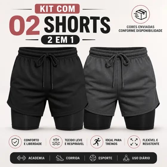 Kit 02 Shorts 2 em 1 Masculino de Treino Academia Com Bolso Compressão Forro Duplo Elastico Dryfit