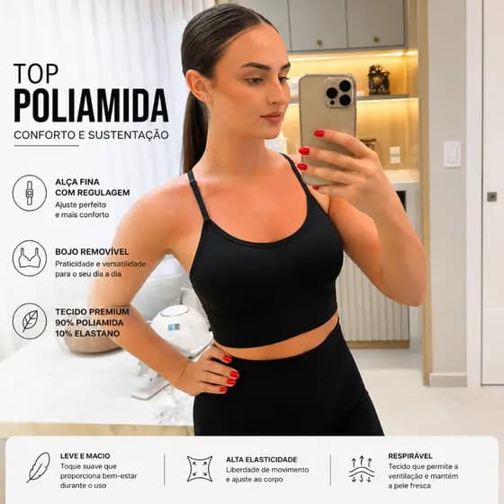 Top Fitness Poliamida Academia com Alça Bojo Removível Compressão Elastano