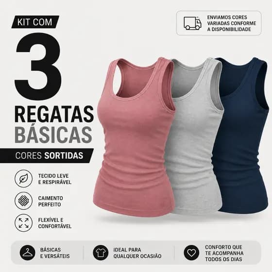 Kit 03 Regatas Caneladas Sortidas Poliamida Premium Básicas Dia A Dia