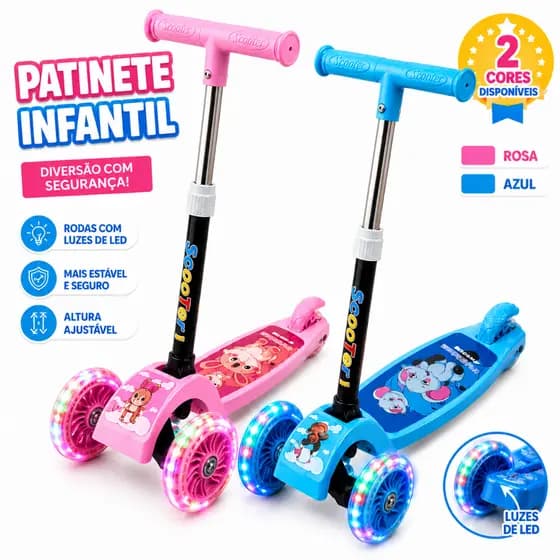 Patinete Infantil Com Luzes Altura Ajustavel e Dobravel 3 Rodas Brinquedo Scooter Azul Rosa
