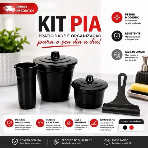 Kit Pia 4 Peças Plástico Para Cozinha Cesto Lixo e Porta Esponja | Detergente| Rodinho Pia