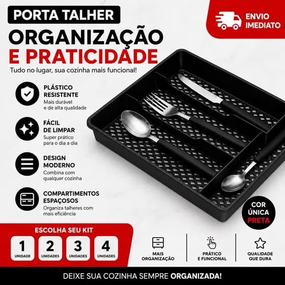 Porta Talher Organizador Preto | Divisória de Talheres Resistente Cozinha Kit 1 até 4 Unidades