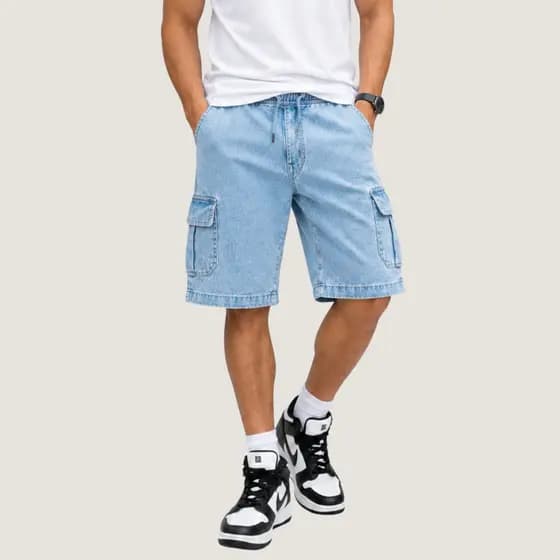 Bermuda Jeans Cargo Masculina 100% Algodão Streetwear Bolsos Cargo Casual Urbano