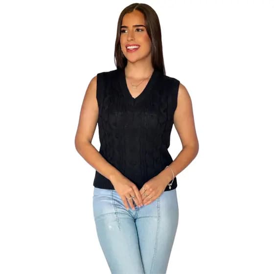 Colete Feminino Tricot Tranças Decote V Moda Casual Elegante