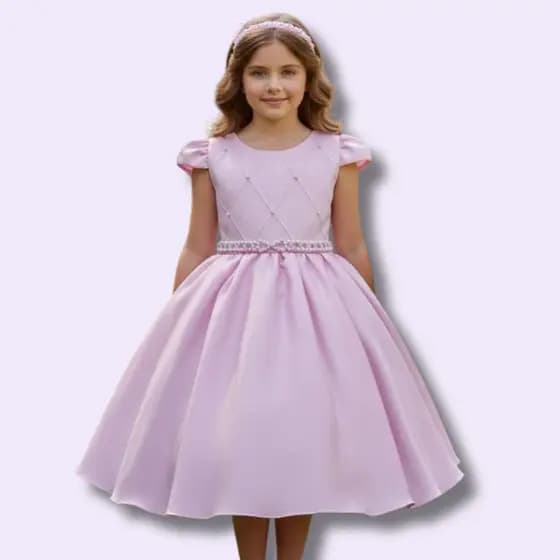 Vestido Juvenil Menina Festa Casamento Curto Cinto Pérola Saia Lisa