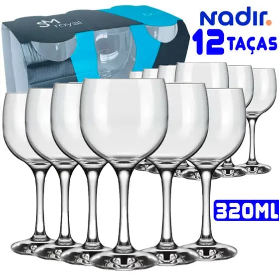 Conjunto de 12 Taças Vidro Resistente Nadir Royal Gran Vino 320ML Para Drinks Jantar Bebidas Casual