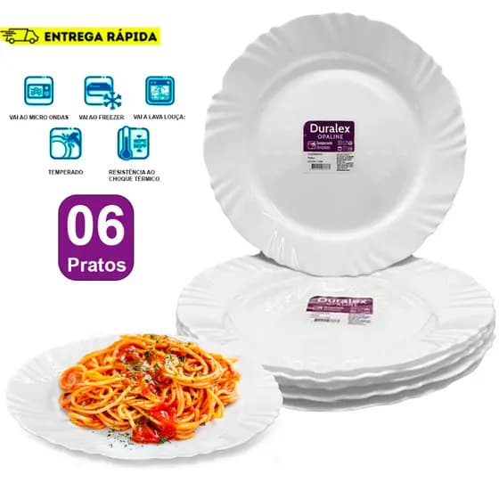 Kit Jogo 6 Pratos Pétala Raso Opaline Vidro Branco temperado e Resistente Almoço e Jantar - Duralex