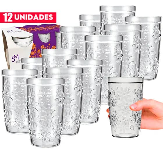 Jogo Kit Copos Nature SM 12 Peças Nadir 270ml Vidro Resistente Suco Drink Buffet Restaurante