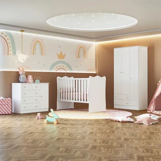 Jogo De Quarto Completo Infantil Bebê Guarda Roupa 3 Portas Cômoda 4 Gavetas Berço Simples Doce Sonho 2617 / 2561 / 1