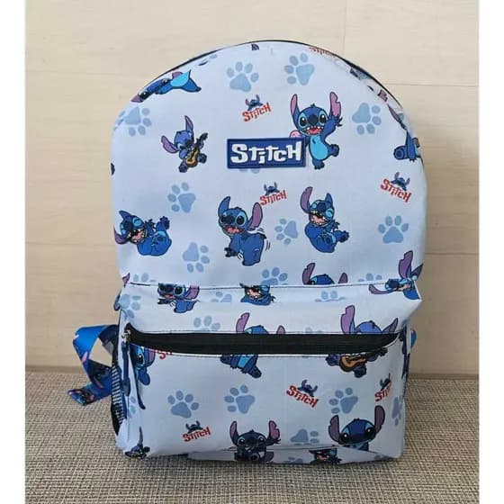 Mochila Escolar Estampada Alça Transversal Removível Stitch Bolso Frontal