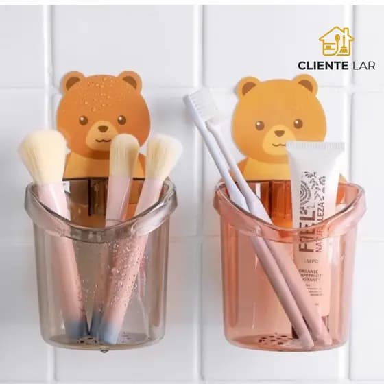 Suporte para Escova e Pasta de dente De Acrilico Banheiro Desenho Urso Com Adesivo Cores Aleatórias