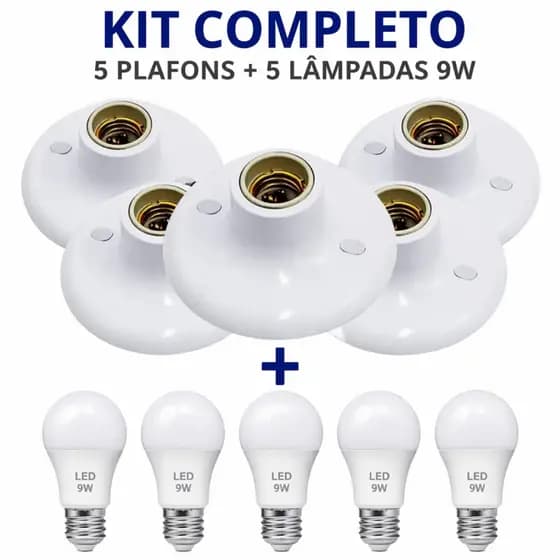 Plafon Decorativo PVC E27 Redondo 5 Peças + 5 Lâmpadas 9w